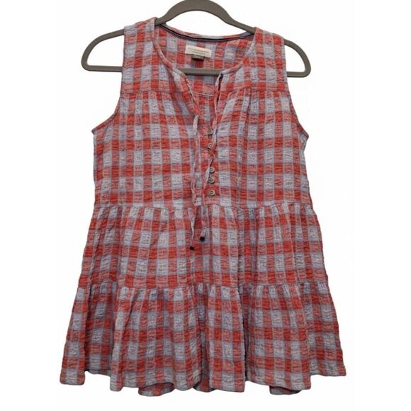 Anthropologie Tops - Pilcro Anthropologie womens small red plaid shirt blouse sleeveless seersucker